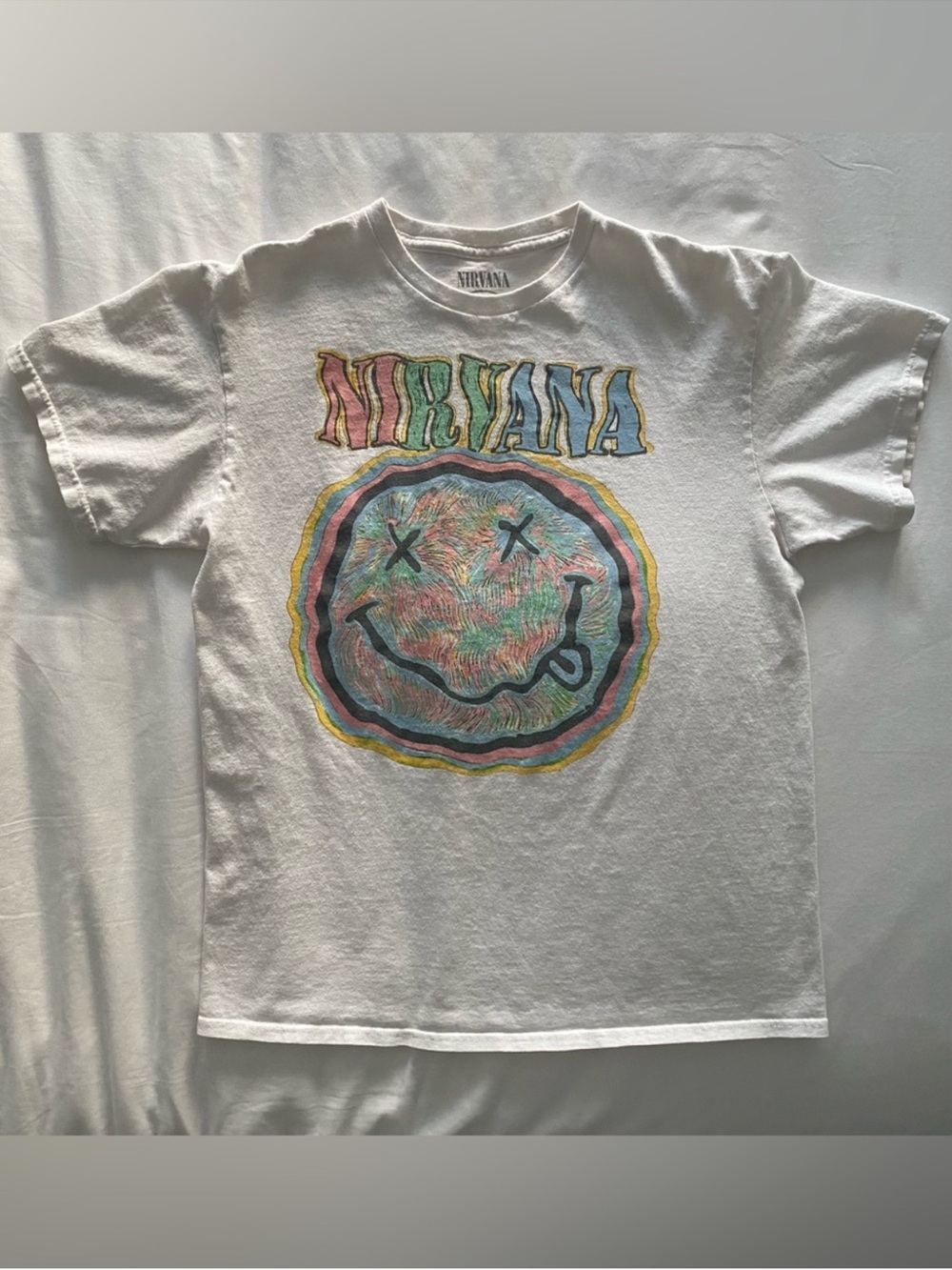 NIRVANA Short Sleeve T-Shirt Smiley Graphic Large White